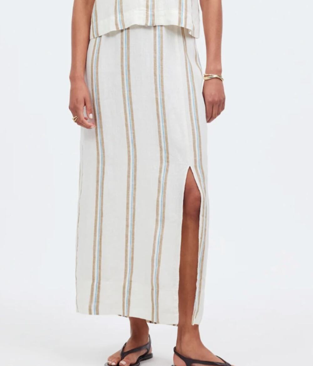 Madewell Column Maxi Skirt 100% Linen Surplus Stripe Size L NWOT Resort Coastal
